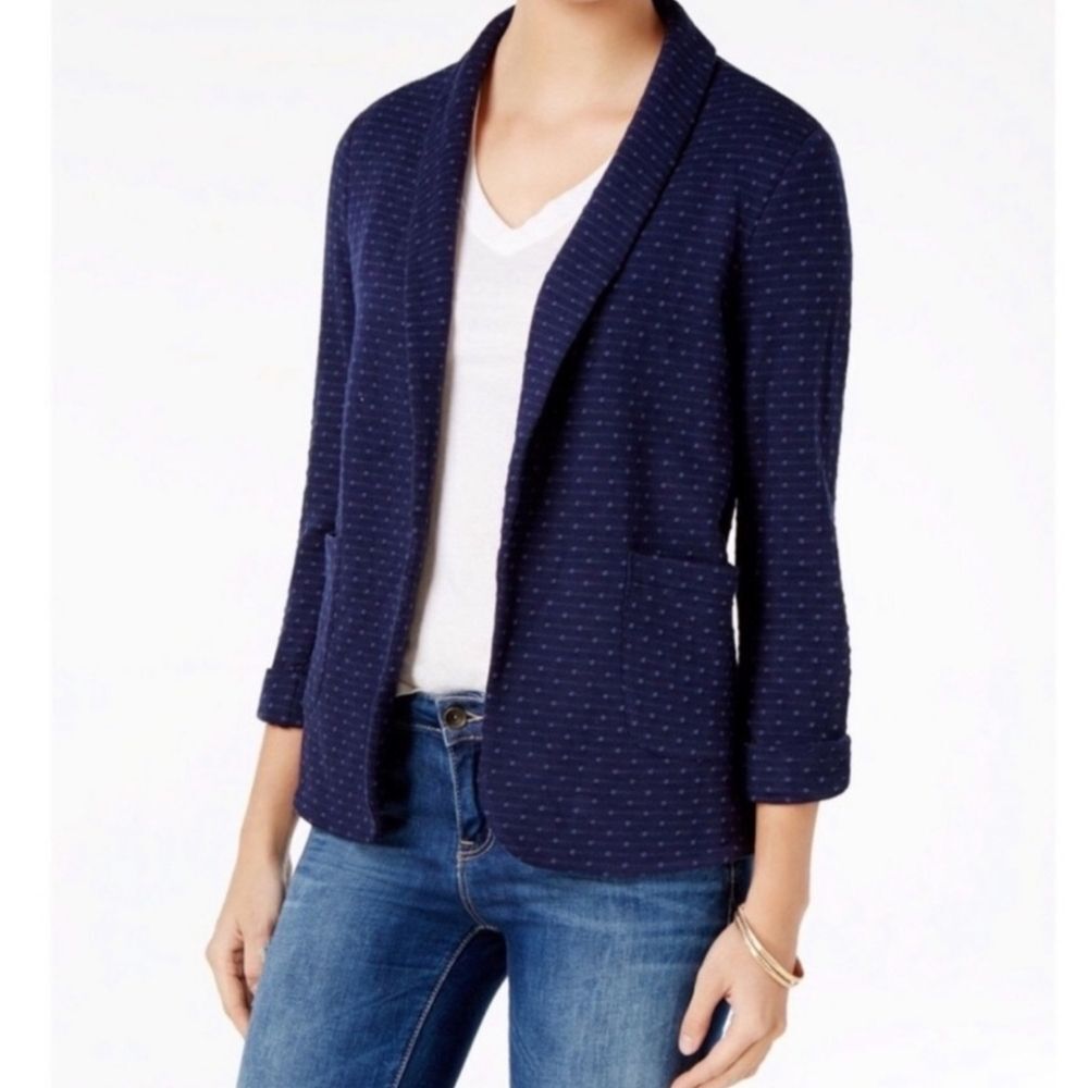 Maison Jules Women's XS Navy Blue Polka Dot Knit Cardigan Blazer